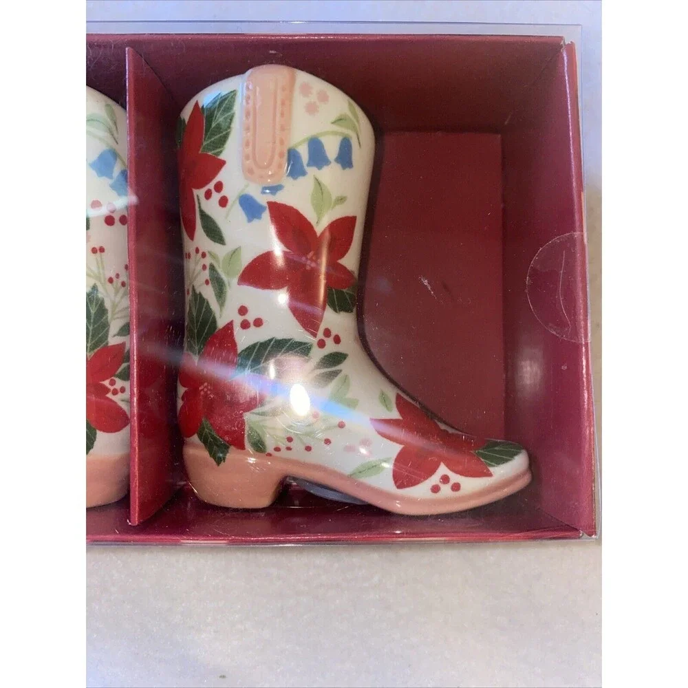 new Salt Pepper Shaker Set Cowgirl Boots Poinsettia Ranch Holiday farm country